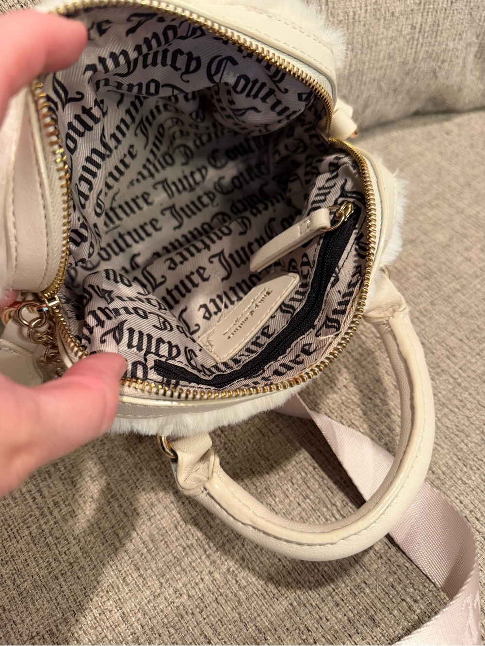 Juicy Couture Ivory Faux Fur Mini Satchel with Logo Strap & Mini Pouch - Picture 7 of 9